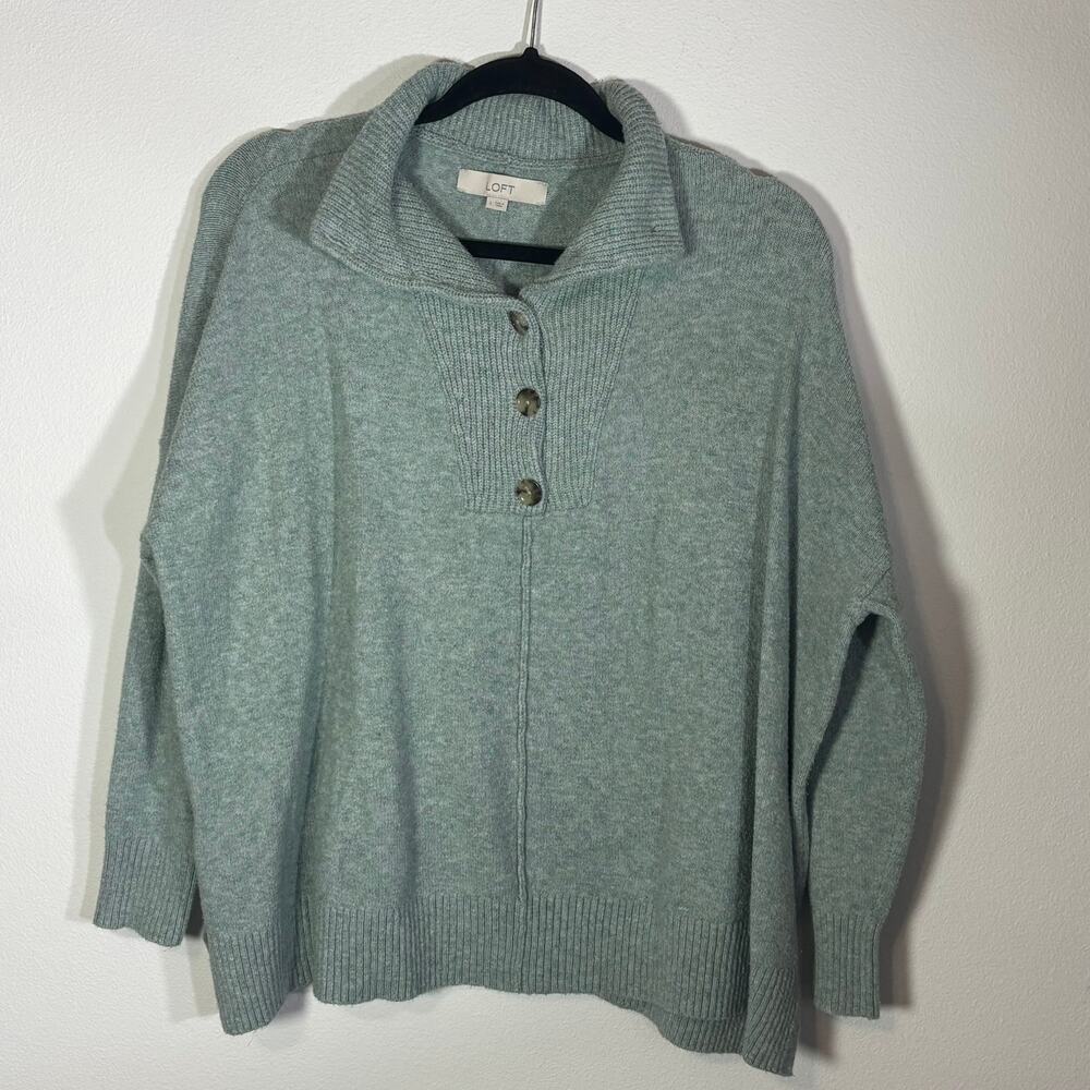 LOFT Womens Large Sage Green Henley Pullover Knit Sweater Collared Button Up Top